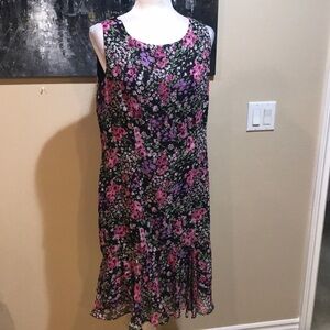 Danny & Nicole Floral Pink &!Black Sheer Lined Midi Dress Ruffle Hem-Size 12